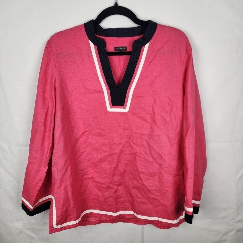 Talbots 100% Linen Nautical Popover Tunic Top‎ Pink Blue White Women Size Medium
